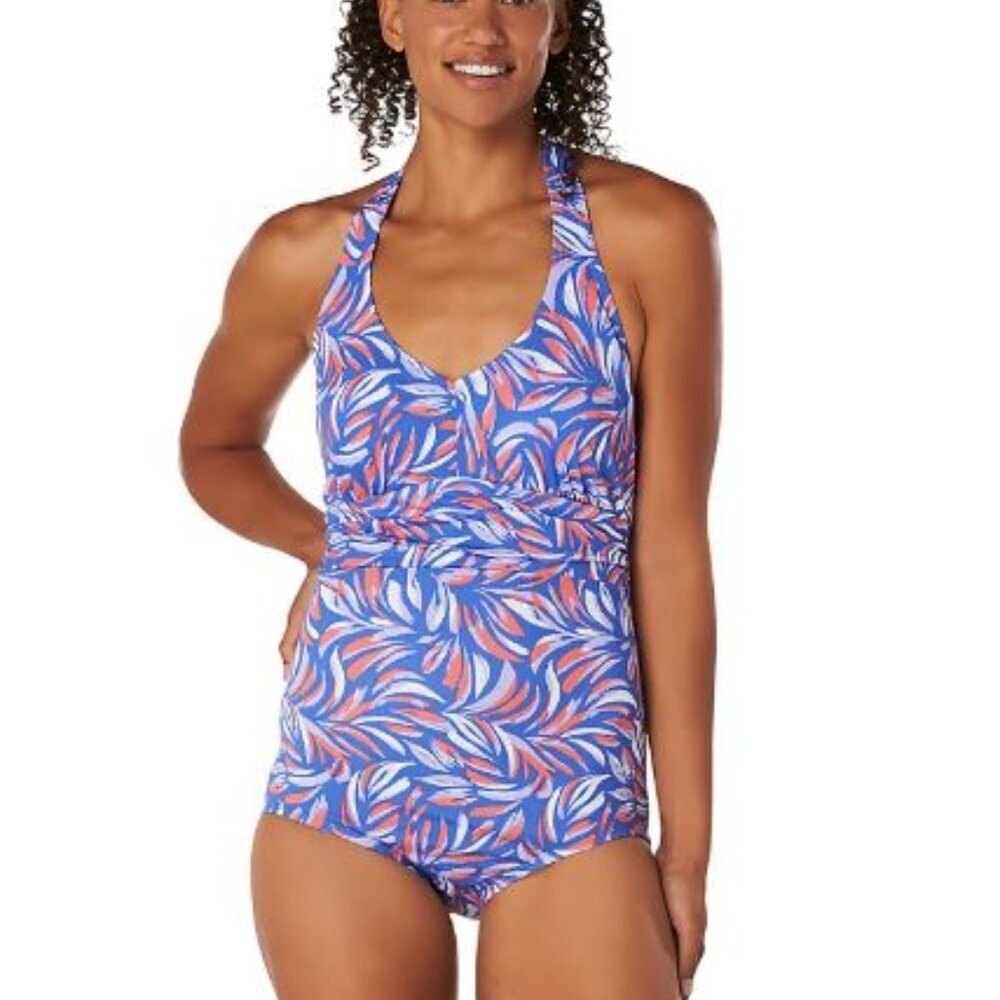 NEW Speedo Endurance Women's Repreve Swimsuit Size 14 Blue Halter Soft Cup Beach